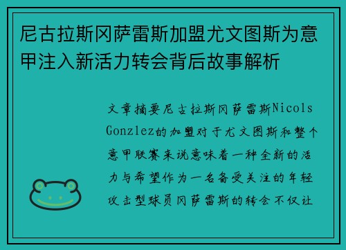 尼古拉斯冈萨雷斯加盟尤文图斯为意甲注入新活力转会背后故事解析